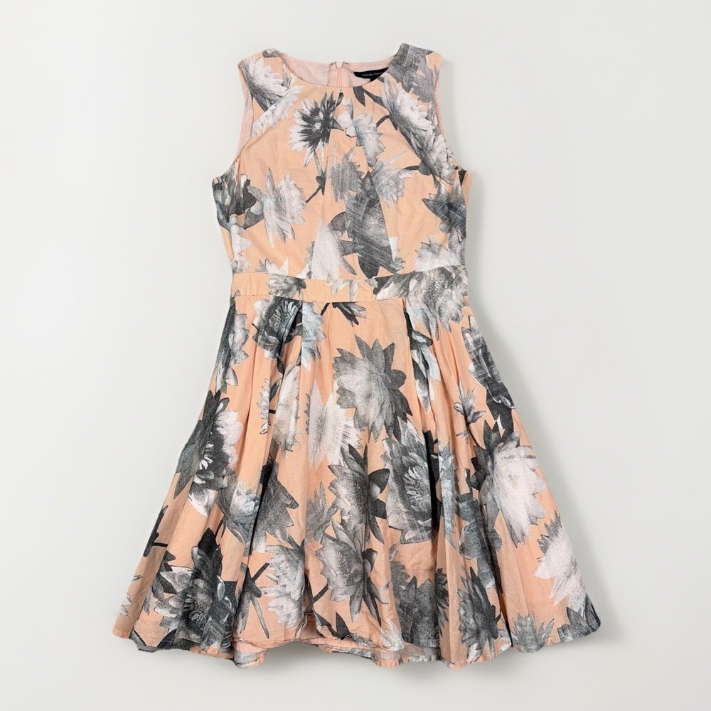 French Connection Floral Fit & Flare Dress Womens 6 Peach Grey Sleeveless Cotton